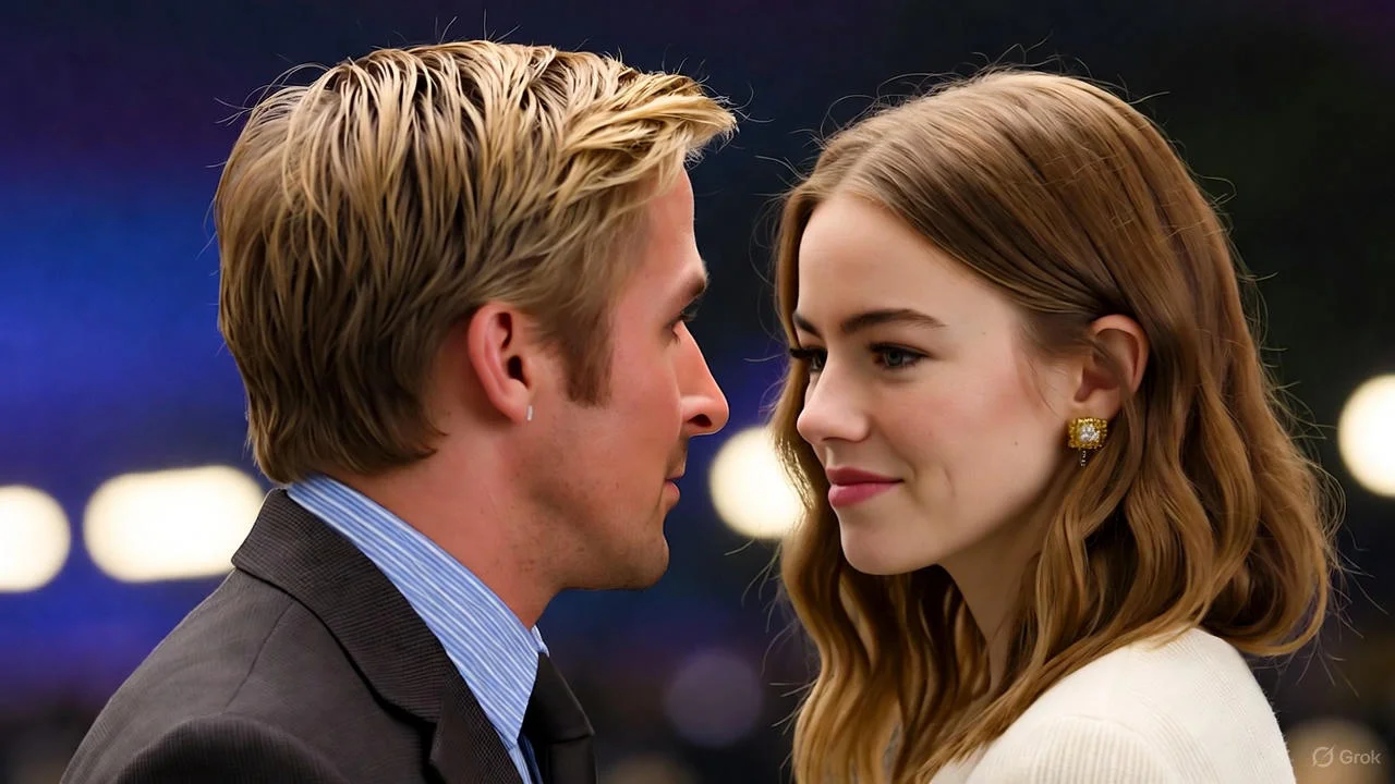 Ryan Gosling and a female co-star sharing an emotional moment in a romantic film scene, symbolizing modern love stories.