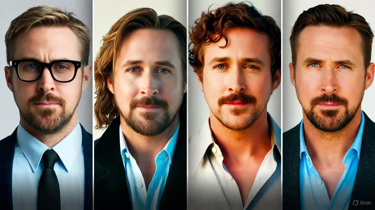 Ryan Gosling in a collage of different looks representing his standout supporting roles in various films.
