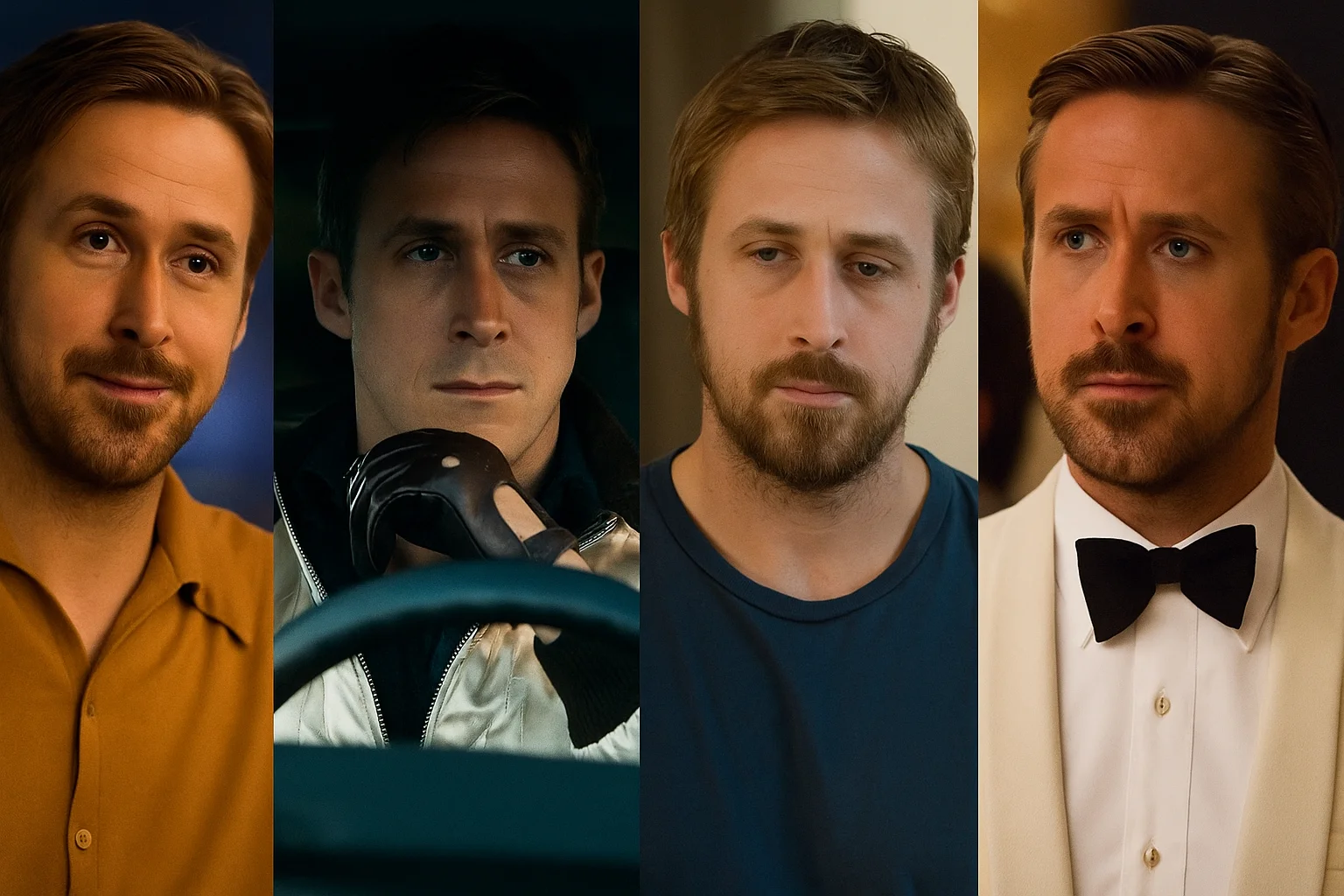Ryan Gosling in different emotional movie roles, showing his versatility and depth across romance and drama films.