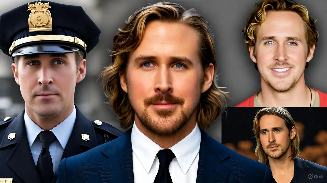 Ryan Gosling in various movie roles, showcasing his range from dramatic to lighthearted performances across different films.
