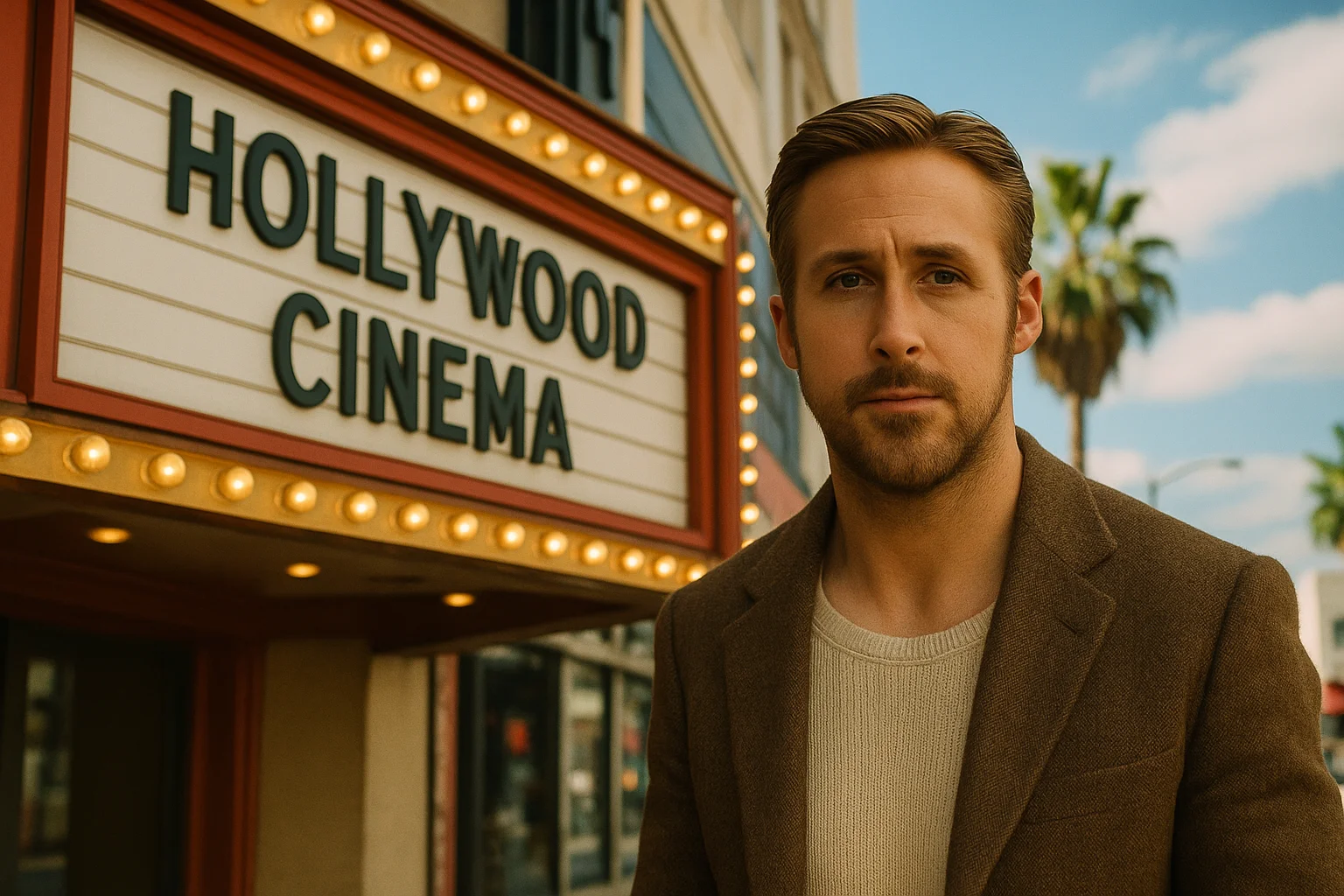 Ryan Gosling standing in front of a cinema marquee, symbolizing his influence on Hollywood filmmaking.