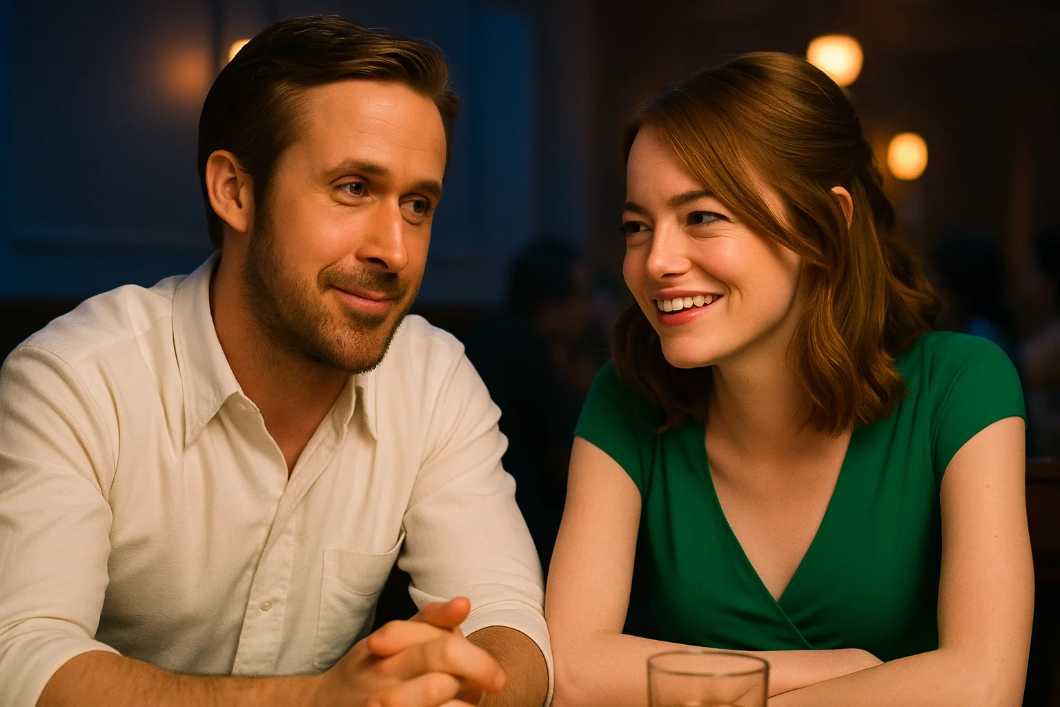 Ryan Gosling sharing a warm smile with a co-star, showcasing natural on-screen chemistry and connection.