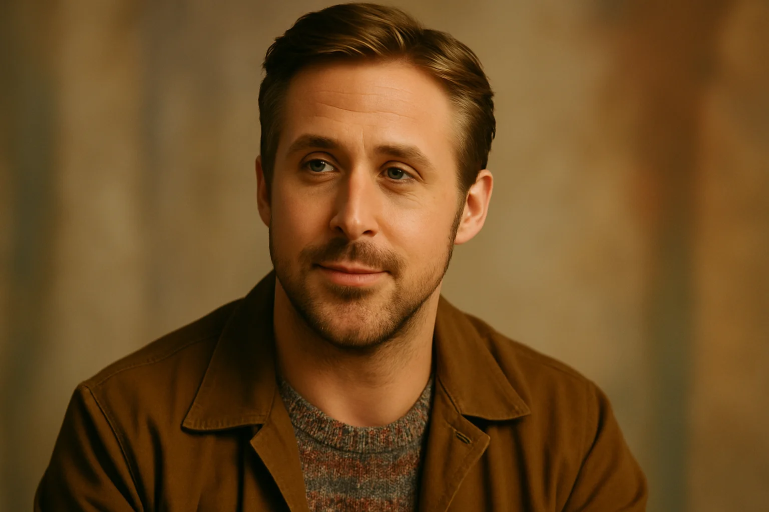 Ryan Gosling smiling softly in a brown jacket, embodying warmth and emotional depth.