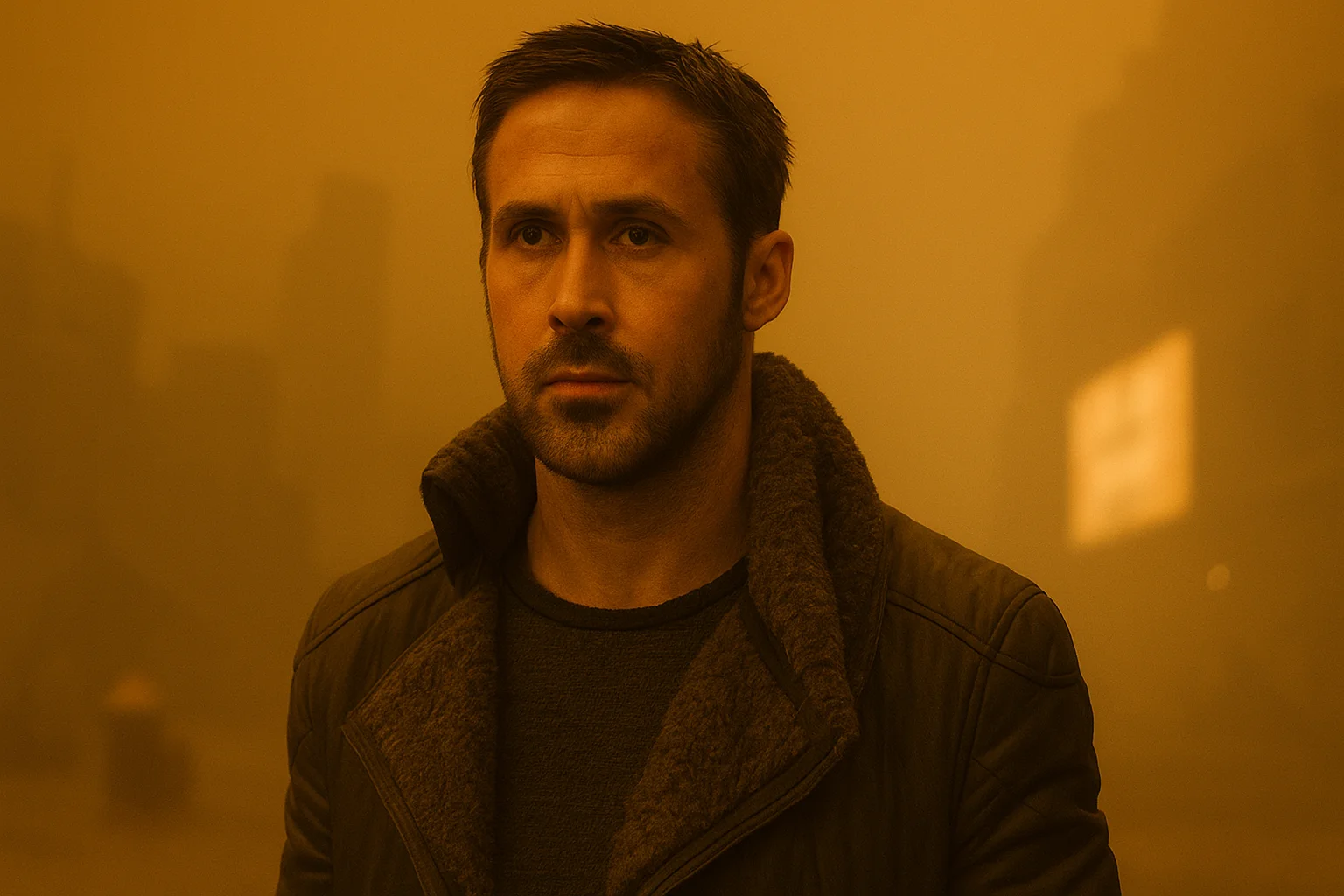 Ryan Gosling in a cinematic scene from a sci-fi film, standing in a futuristic cityscape bathed in orange light.