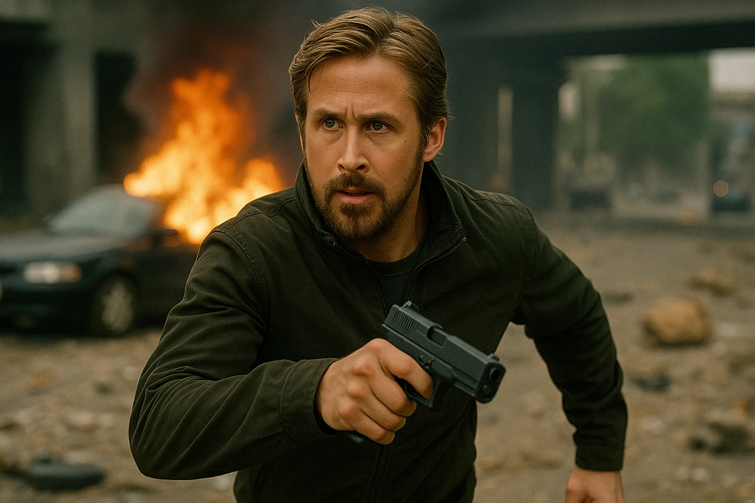 Ryan Gosling in an intense action scene, holding a gun while running through a fiery, chaotic environment.