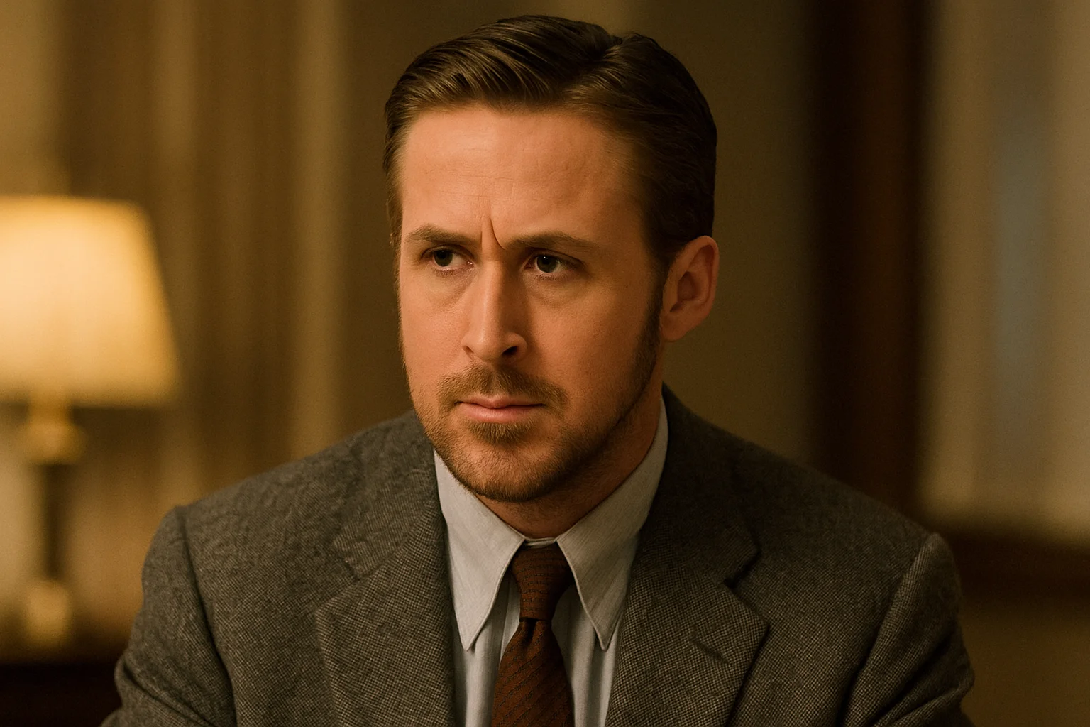 Ryan Gosling in a serious expression, representing his focus and dedication to method acting.