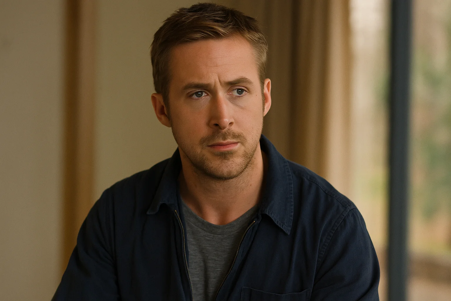 Ryan Gosling in a casual outfit with a thoughtful look, symbolizing his understated acting brilliance.
