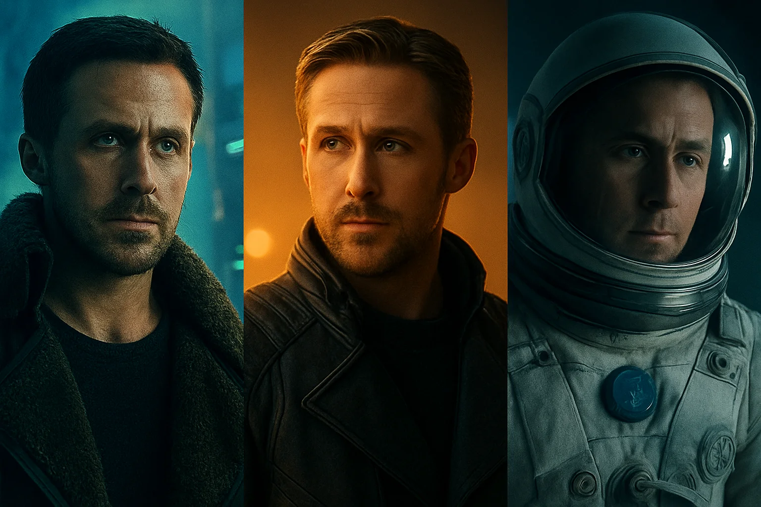 Ryan Gosling in various science fiction roles, showcasing his depth in futuristic storytelling.