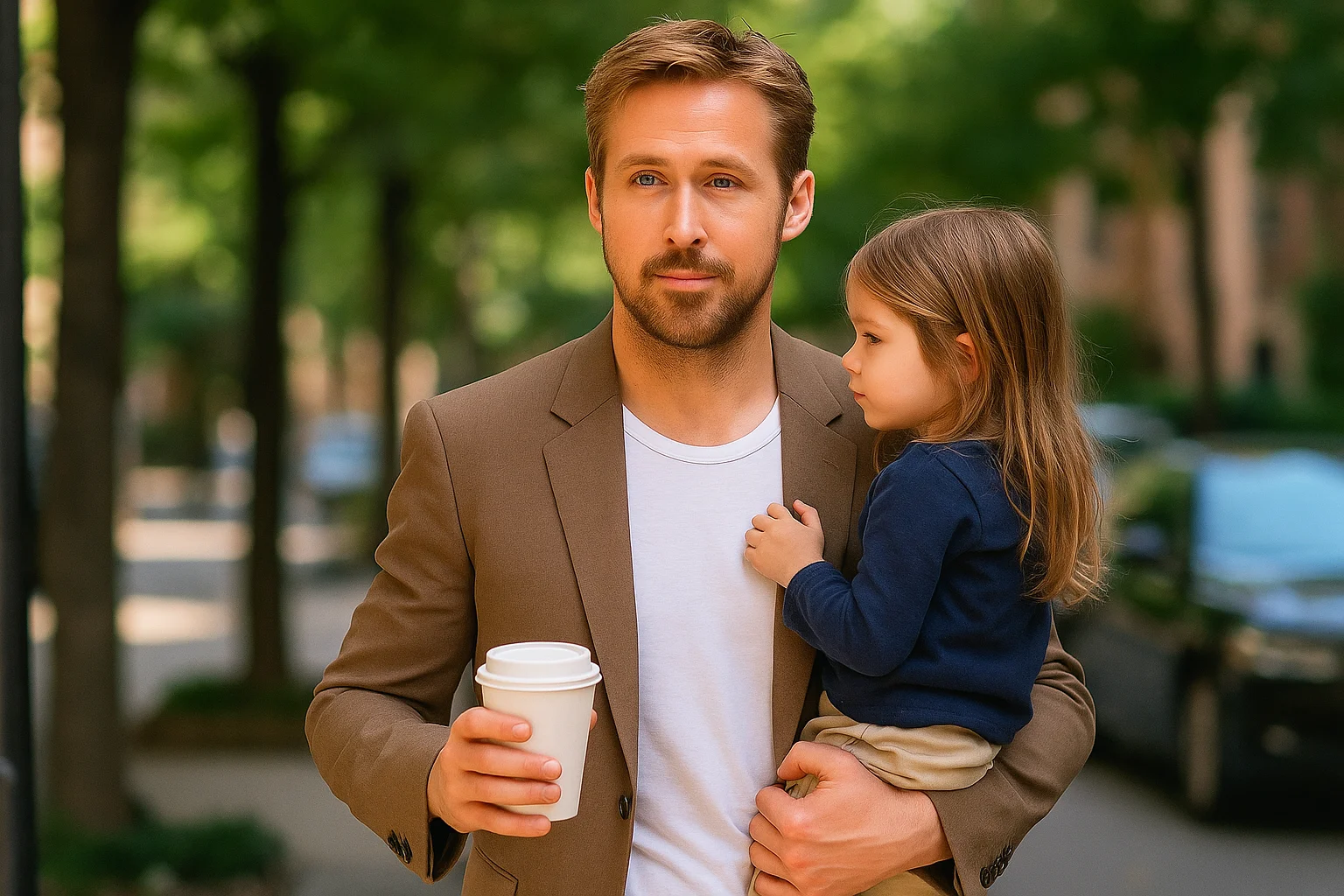 A man in a brown blazer holding a coffee cup and carrying a young girl in his arm while walking outdoors on a tree-lined street.