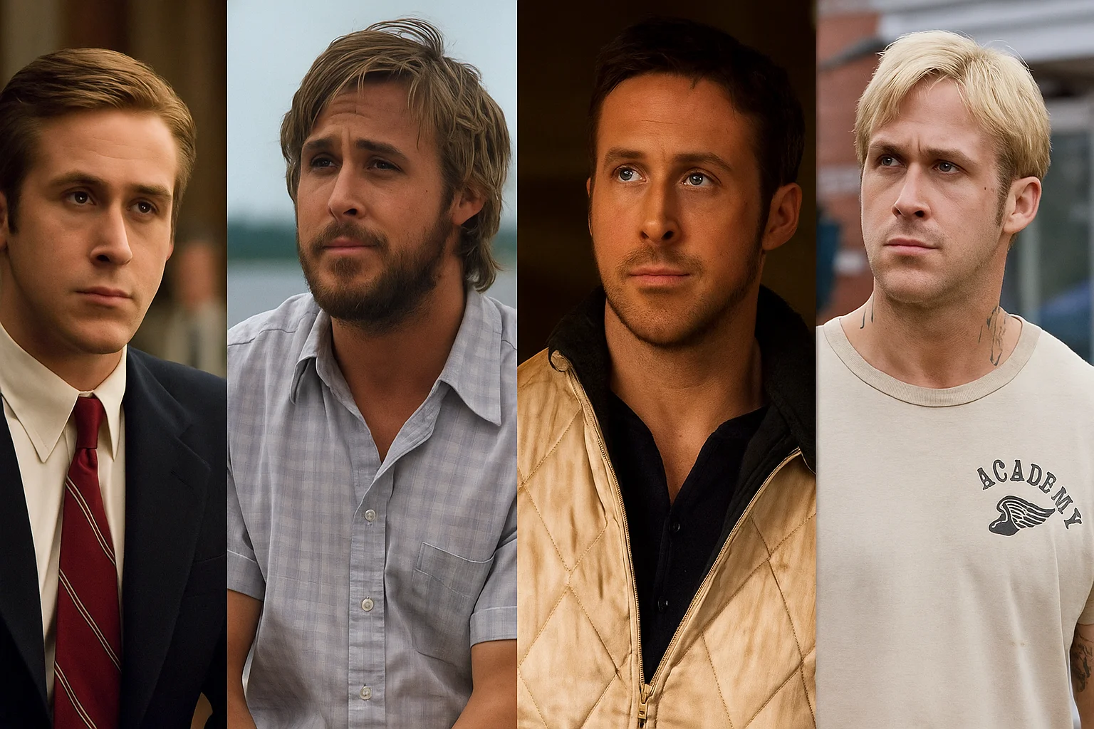 Ryan Gosling showcasing his range through multiple iconic film roles, each reflecting his unique acting depth.