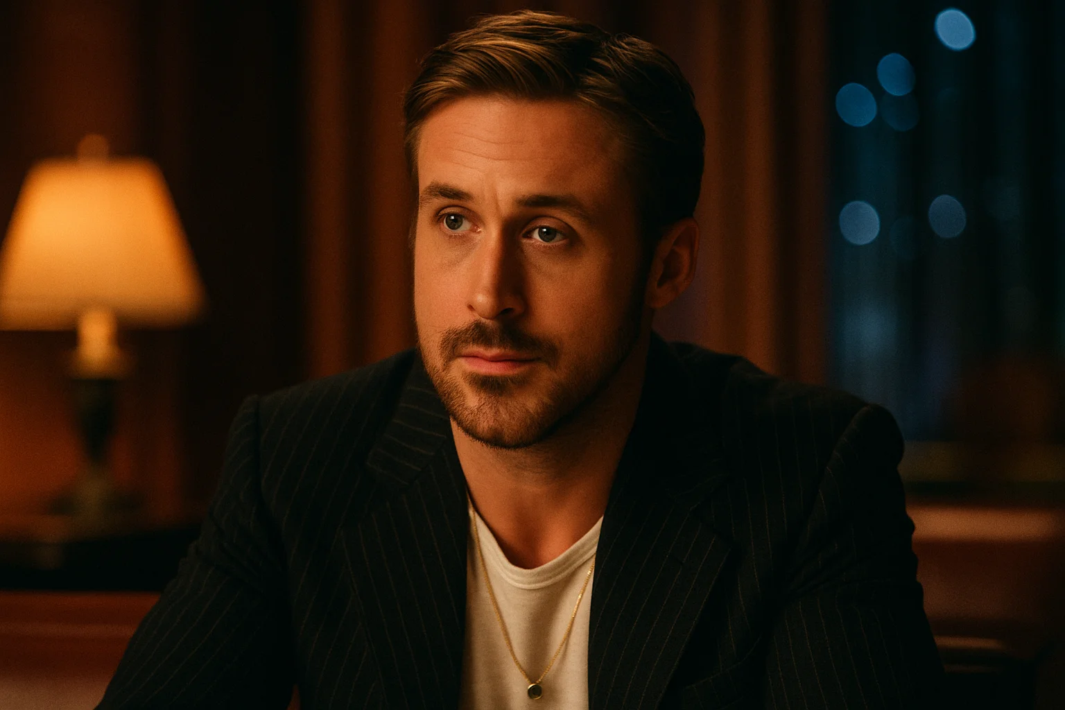 Ryan Gosling sitting in a softly lit room wearing a dark pinstripe suit and white shirt, looking thoughtful