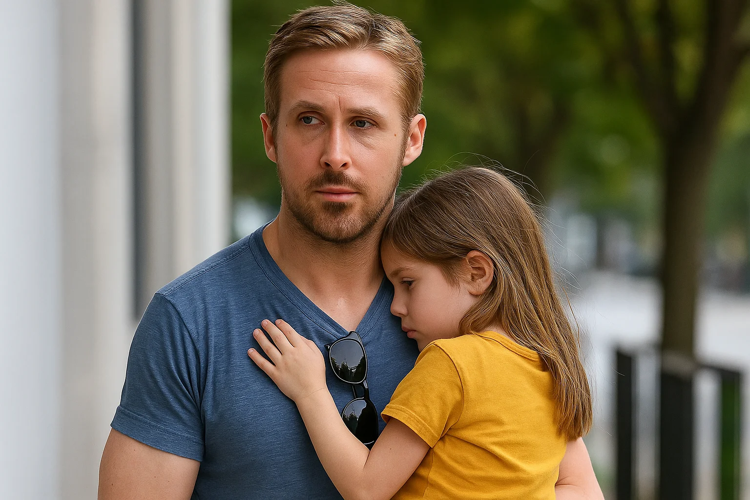 Ryan Gosling holding his daughter, showing a tender moment that reflects his family-oriented life.