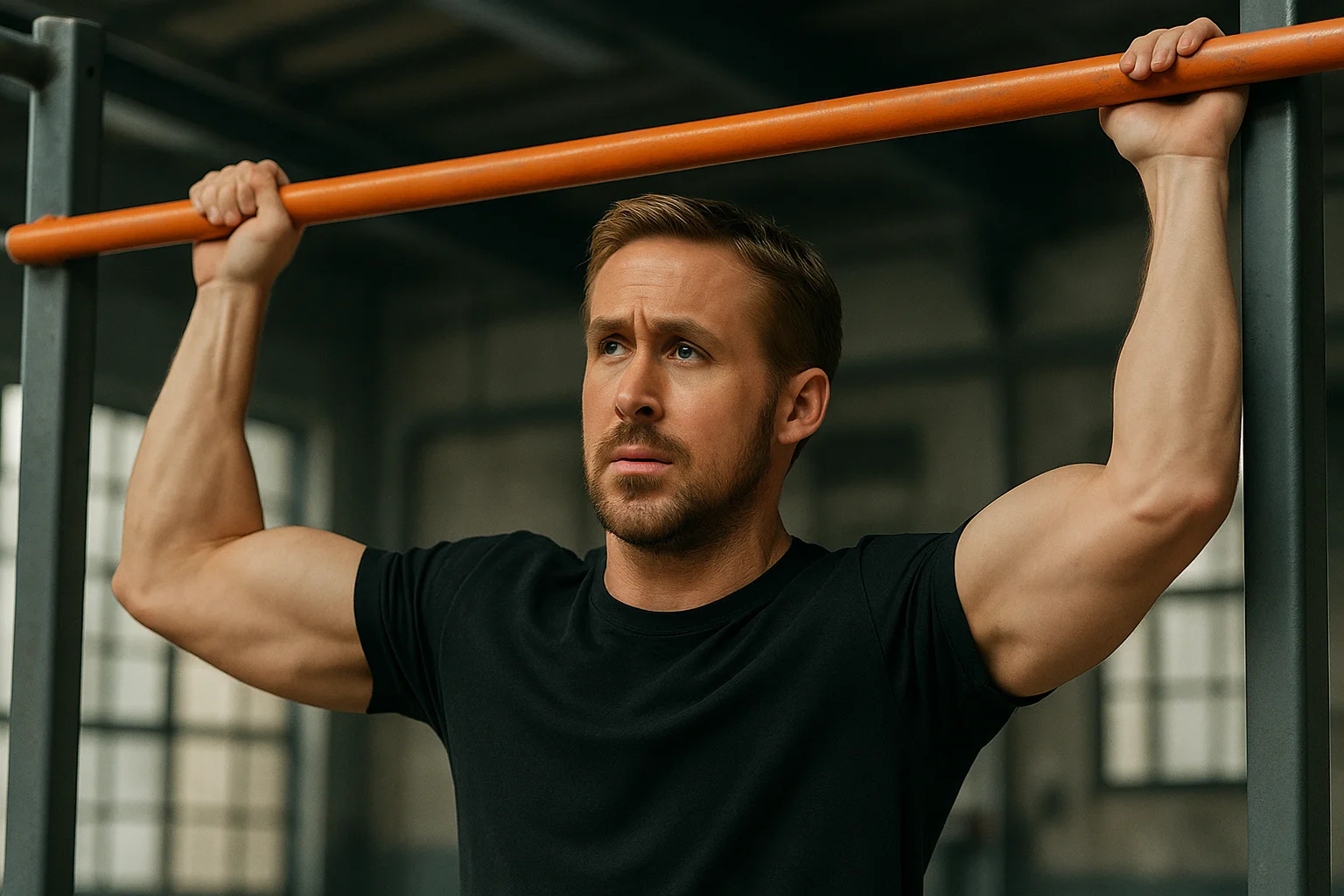 Ryan Gosling training with pull-ups as part of his physical preparation for Blade Runner 2049.