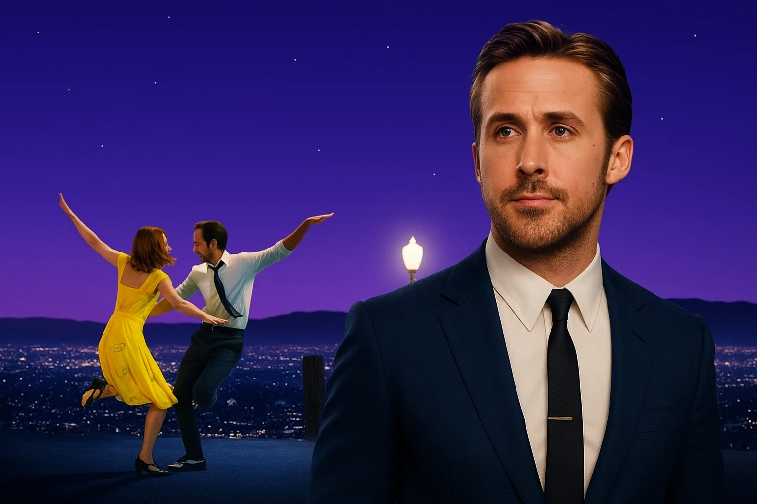 Ryan Gosling and Emma Stone dancing in a classic La La Land scene symbolizing modern Hollywood romance and artistic ambition