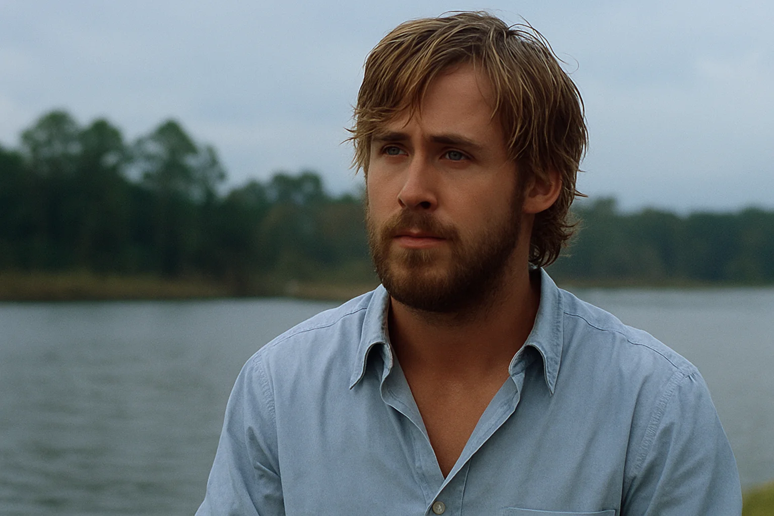 Man gazing thoughtfully near a lake, wearing a light blue shirt on a cloudy day
