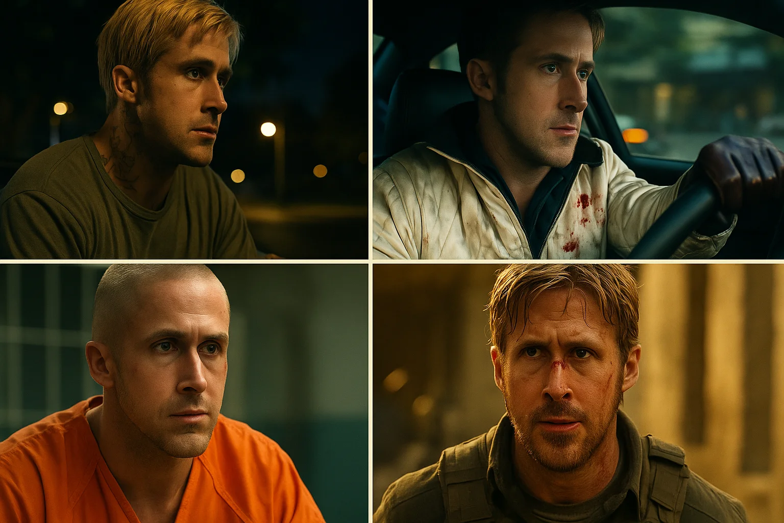 Ryan Gosling in his most intense movie roles, including scenes from Drive, The Place Beyond the Pines, and The Gray Man